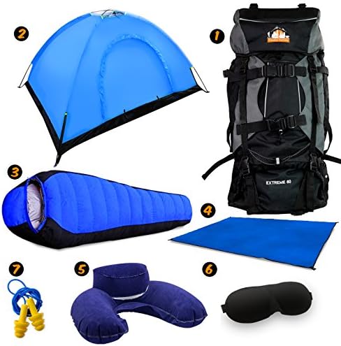 Full Camping Kit by Traveler Fantasy - 80L Large Bag, 2 Person Tent, Tent Mat, Mummy Sleeping Bag, Inflatable Pillow, Ear Plug and Eye Covers (Aqua Tent)
