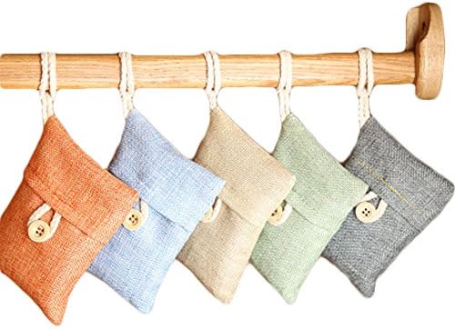 5 Packs Natural Air Purifying Bags, Bamboo Activated Charcoal Deodorizer Bag Air Purifier Filters Freshener for Fridge, Closet, Car, Shoes, Kitchen, Bedrooms（Green + grey + Beige + Blue + Orange）