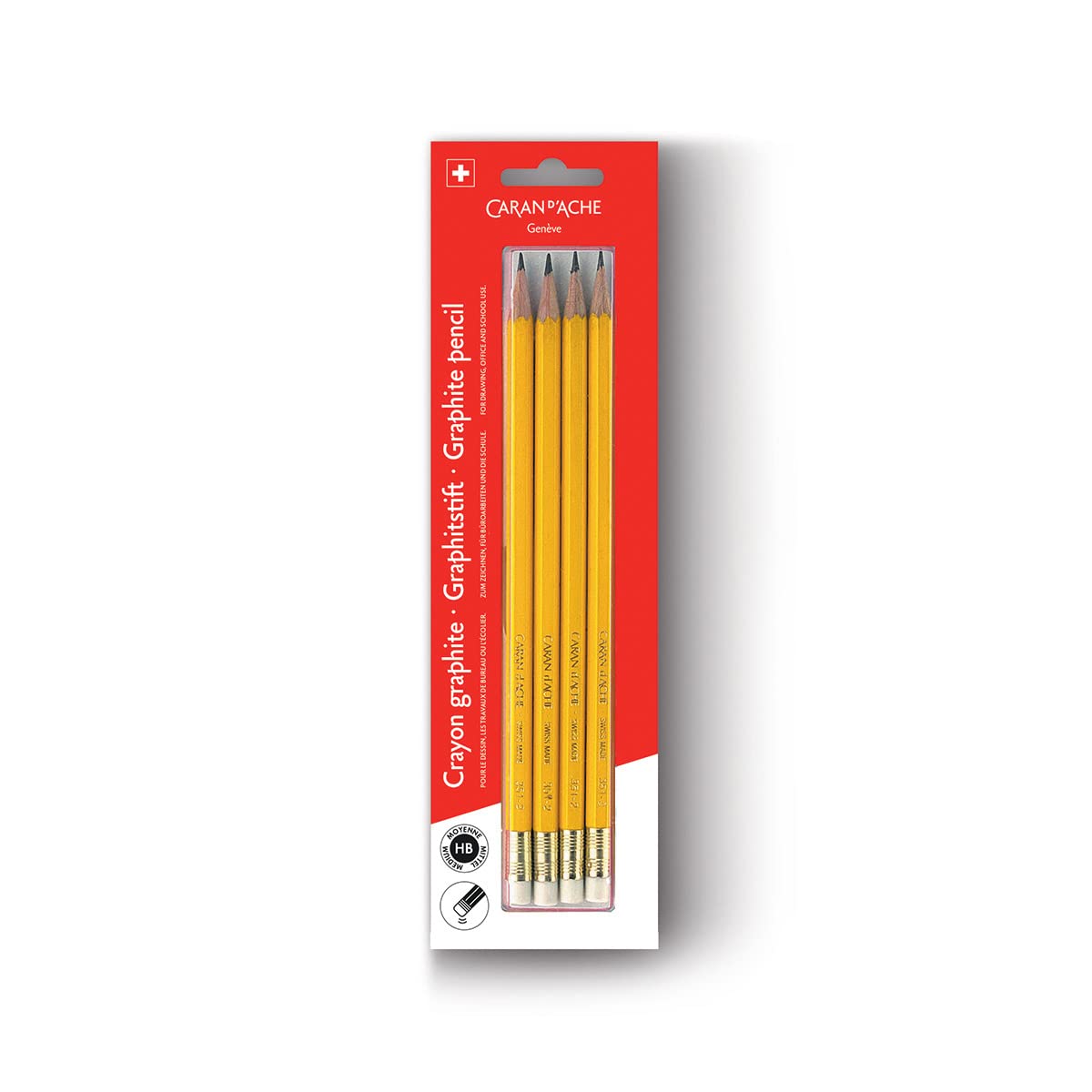 Caran d'Ache 0351.372 Pencils Pack of 4 Wood Yellow with Eraser HB Blister Packaging Size: Approx. 14 cm Multi-Coloured