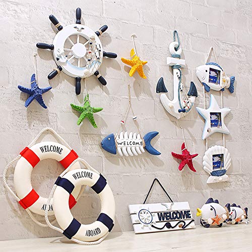 Nautical Mediterranean Handcrafted Ship Anchor Pirate Decor- Ships Wheel for Home,and Wall Hanging Decorative Boat Accessory for Bedroom/Bathroom/Guest Room(Blue and White,8.7” X 12.6”)