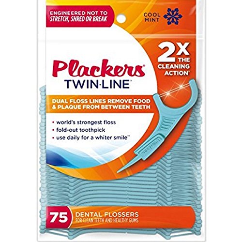 PLACKERS Twin-Line Dental Flossers, Cool Mint 75 each(Pack of 12)