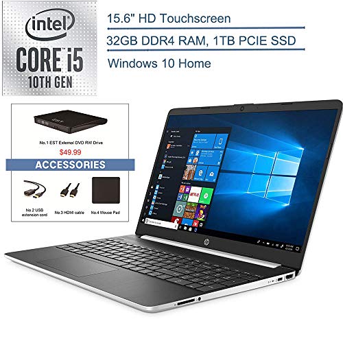 2020 HP 15.6″ Touchscreen Laptop Computer, 10th Gen Intel Quard-Core i5 1035G1(Beats i7-7500U), 32GB DDR4 RAM, 1TB PCIe SSD, AC WiFi, Silver, Windows 10 Home + EST External DVD+ Accessories