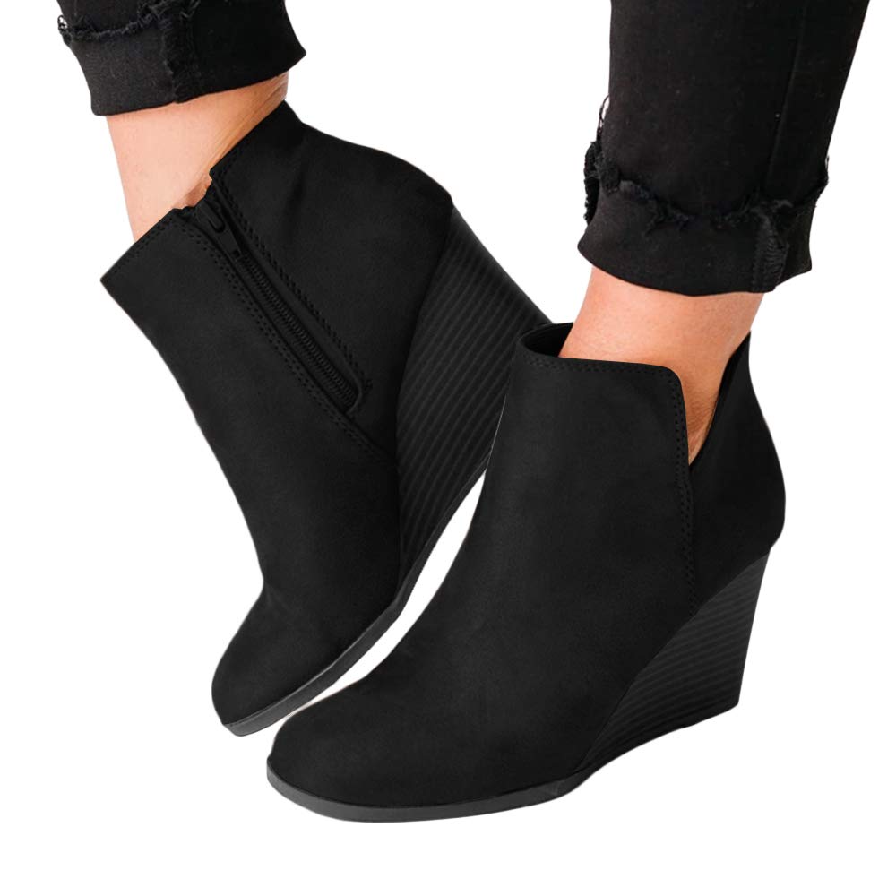 LAICIGO Womens V Cut Wedge Ankle Booties Zip-up Closed Toe Stacked Heel Faux Suede Winter Boots - Image 5