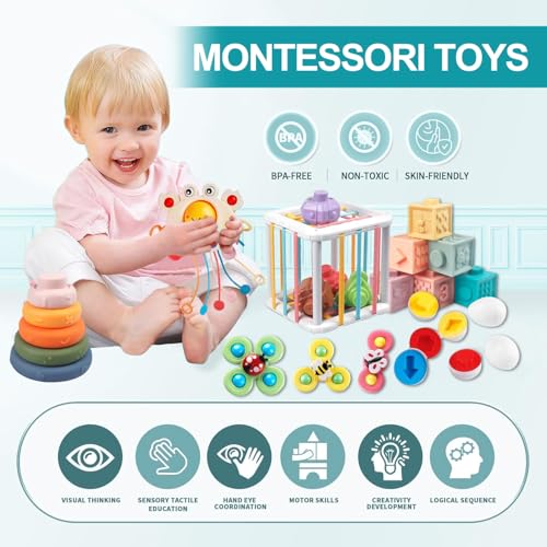 6-in-1 Baby Toys,28 PCS Montessori Toys for Babies,Stacking Blocks Rings Sensory Bin,Silicone Pull String Teething Toy Sorting Sensory Educational Learning Gift for Toddlers