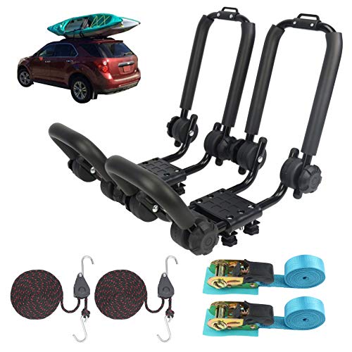 Upgraded Double Folding J-Bar Rack Car Roof Rack for Kayak Carrier Canoe Paddle Surfboard Roof Top Mount on Car SUV Crossbar with 2 pcs 10Ft S-hook Rated Ratchet Pulley Straps & Ratchet Straps, 2 Pack