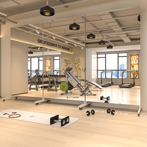 Hasipu Home Gym Mirror 360° Swivel on Wheels, 67" x 40" Extra Large Full Body Rolling Mirror, Tempered Glass Easy to Move Full Length Mirror for Yoga Studio, Bedroom, Dancing Studio, White