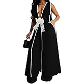 Womens Sexy 2 Pieces V Neck 3D Flower Tunic Tops Dress Bodycon Wide Leg Pants Party Clubwear Tracksuit Outfits Set, Large, Black