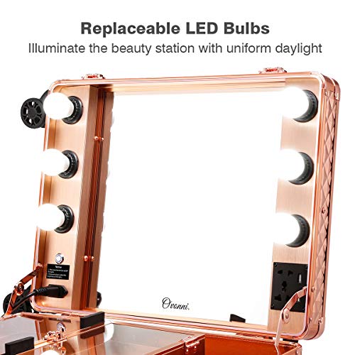 Ovonni LED Makeup Train Case, Lighted Rolling Travel Portable Cosmetic Organizer Box with Mirror and 4 Detachable Wheels, Professional Artist Trolley Studio Free Standing Workstation