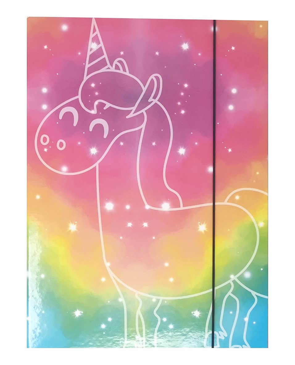 Sturdy Children's Box, File Box, Folder for School Bag, Dossier Folder with Elastic Strap and Inner Flaps DIN A4 for Girls (Unicorn Unicorn)