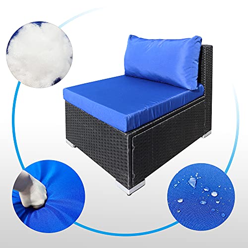 OUTDOOR DIAMOND 7pcs Patio Wicker Furniture Set All-Weather PE Rattan Sectional Conversation Sofa w/Tea Table & Washable Couch Cushions for Porch Backyard Garden (Black Sets + Blue Cushion)