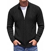 COOFANDY Mens Cardigan Sweater Cable Knitted Full Zip Sweaters with Pockets | Warm Ribbed Cuff Zip Sweater, Two Front Pockets Sweater for Fall &amp; Winter, Casual &amp; Christmas Gift