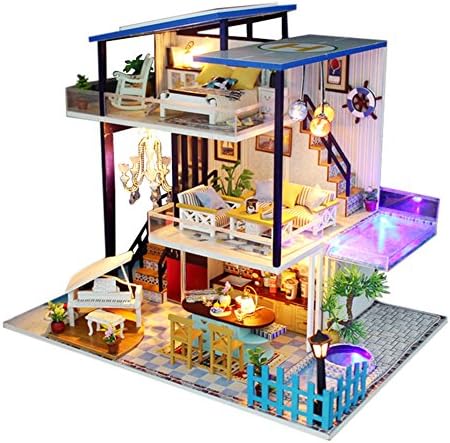 Rreencolorful DIY Small Doll House, Blue Sea Adventure DIY Exotic Wooden Puzzle Miniature Doll House Kit without Dust Cover,Home Decoration - Christmas Gift