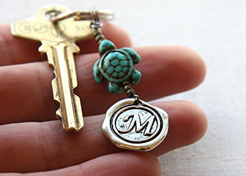 Lucky Turquoise Turtle Keychain Silver Wax Seal Initial Monogram Personalized Custom Keyring Handmade and Crafted by KapKaDesign