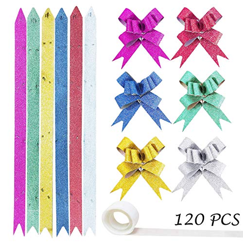 120 PCS Pull Bows Ribbon with 1 Roll Glue Dots, Woohome Colored Pull Bows Gift Knot Ribbon, Great for Christmas, Wedding, Party, Valentine's Day Decoration and Birthday Gift Wrapping