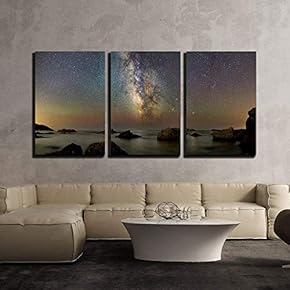 3 Piece Canvas Wall Art - Milk Way Over Lake - Modern Home Art Stretched and Framed Ready to Hang - 16"x24"x3 Panels