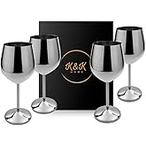 K&K Home Silver Stainless Steel Unbreakable Wine Glasses - 18 oz - Set of 4 Colored, Stemmed Metal Wine Glasses Perfect for Outdoors, Weddings, and Parties
