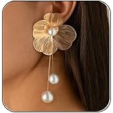 Chunky Gold Flower Earrings for Women,Vintage Exaggeration Ginkgo Leaf Dangle Earrings Statement Pearl Petal Long Earrings Boho Fashion Jewelry