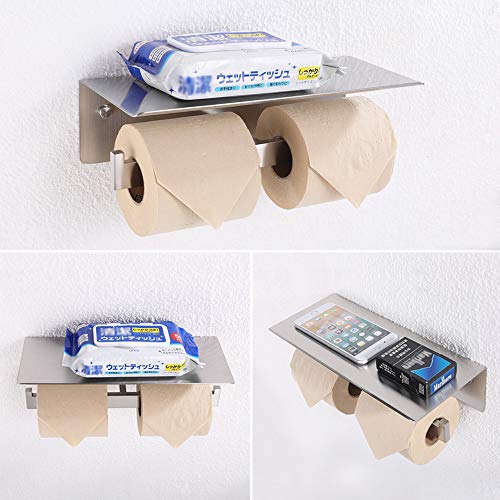 Double Toilet Paper Holder with Shelf Brushed Nickel, APLusee Modern Bathroom Accessories SUS