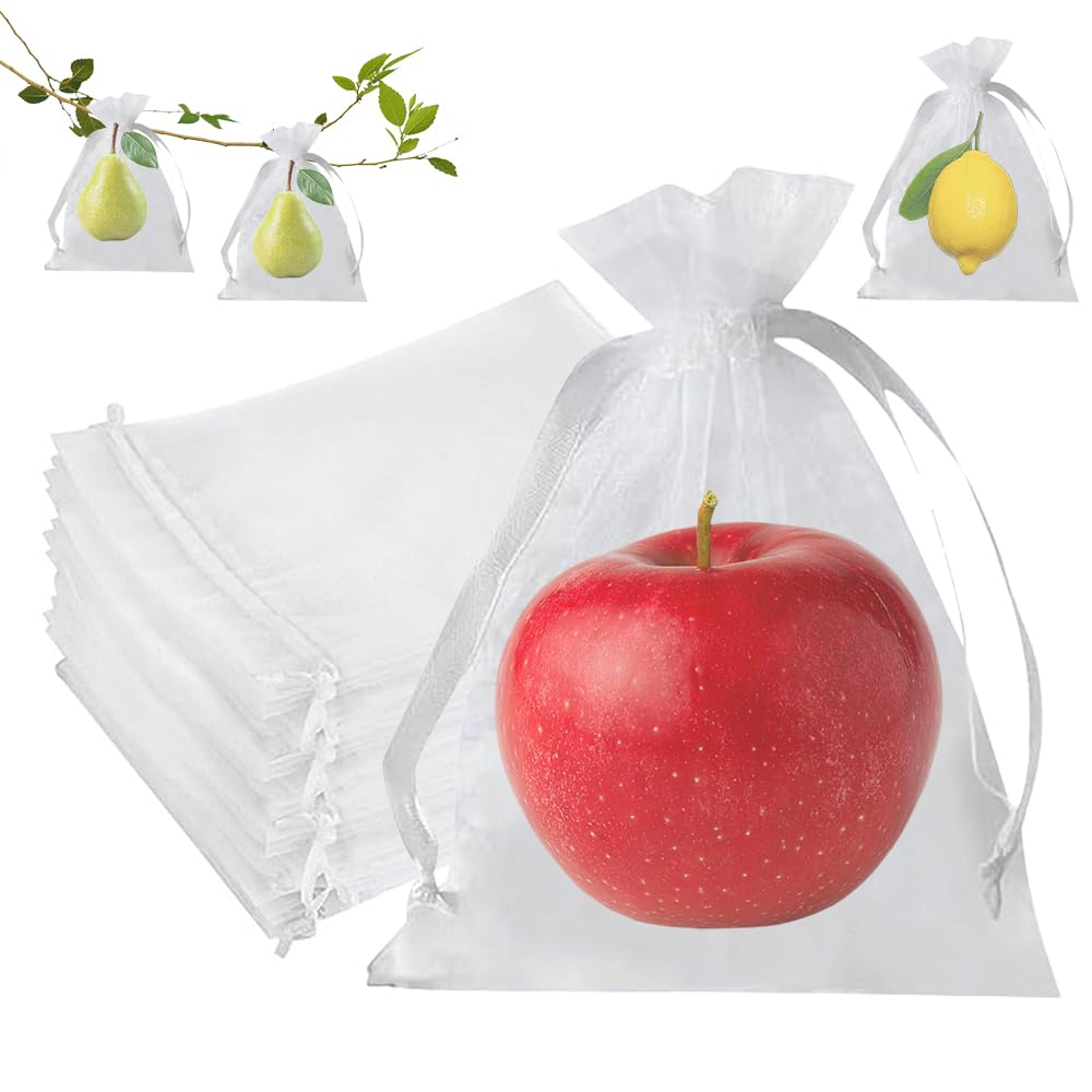 LYPPUL 15x20cm Protection Mesh Bag With Drawstring - 100PCS Reusable Netting Cover for Fruits, Trees, Strawberry, Grape, Vegetables (White)