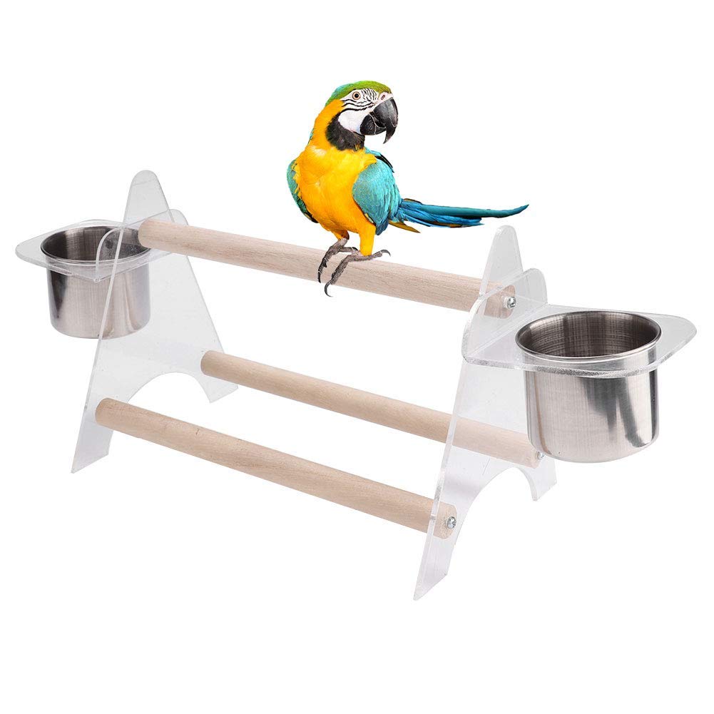 Portable Multi-Purpose Wooden Parrot Perch Stand with Feeder - Bird Play Gym for Cockatiels, Conures, African Greys, Parakeets, Finches & Lovebirds