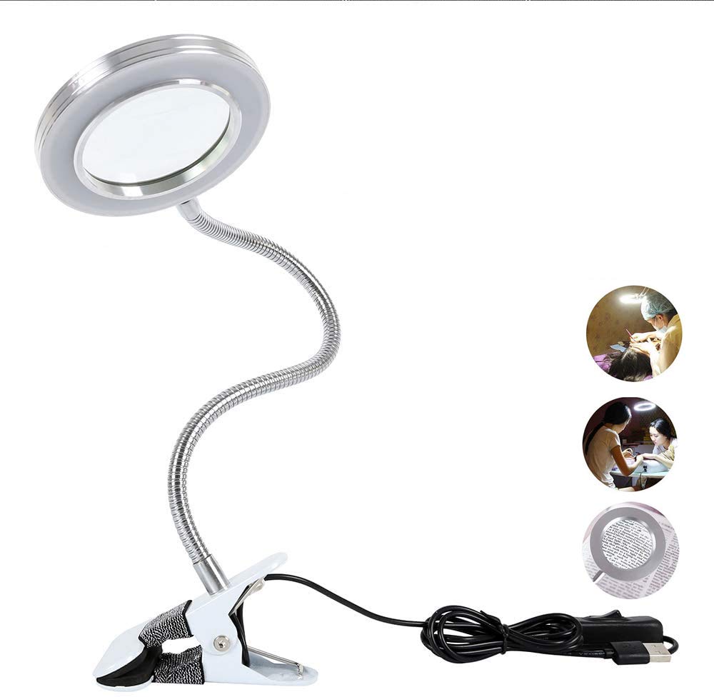 LED Magnifying Lamp with Clamp, 8X Desk Magnifying Lamp with Illuminated Optical Glass Adjustable Light Settings USB Powered for Bedroom Dormitory