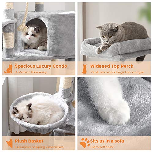 FEANDREA Cat Tree with Scratching Board, Basket Lounger and Large Cave