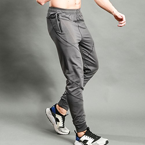 Gerlobal Mens Joggers Pants Active Casual Gym Workout Running Sweatpants With Zipper Pockets Dark Grey,Medium