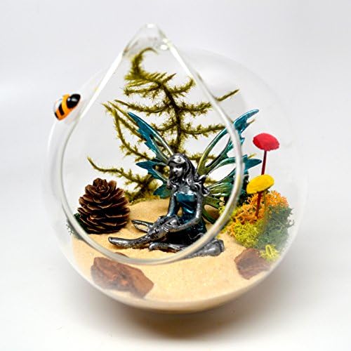 Pixie Glare Hanging Glass Terrarium Fairy Garden Kit. Pewter Fairy with All Accessories Included - Hemp Cord