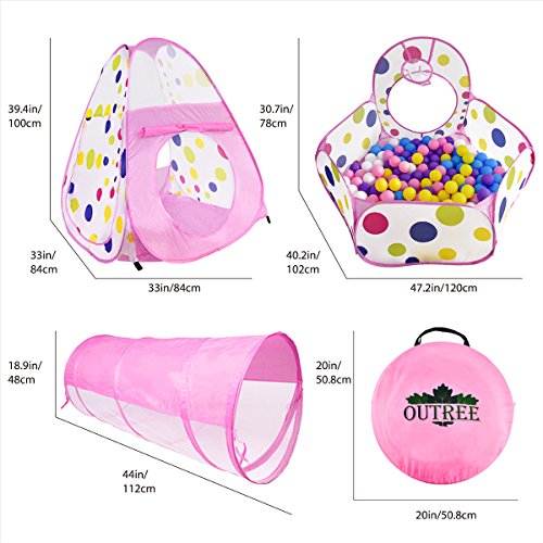 OUTREE 3Pc Pop Up Children Play Tent with 1Crawl Tunnel & 2 Tents - Kids Tents for Boys, Girls, Babies & Toddlers for Indoor & Outdoor, Pink