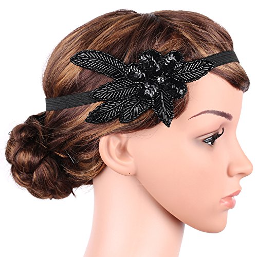 BABEYOND Women's Applique Headband 1920 Headpiece Flapper Headpiece 1920s Gatsby Headbands Flapper Headband Black
