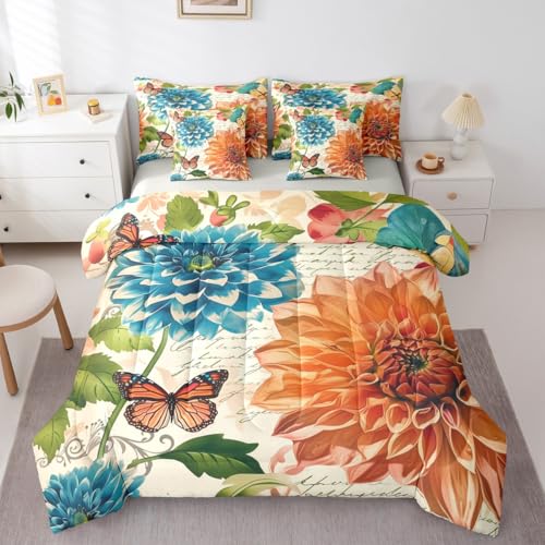 Erosebridal Butterfly 7 Piece Bedding Set Queen Bed in A Bag Vintage Butterfly Flower Comforter Set for Teens Kids Floral Bed Set Garden Botanical Comforter Rustic Farmhouse Bed Sheets, Orange Blue at Amazon