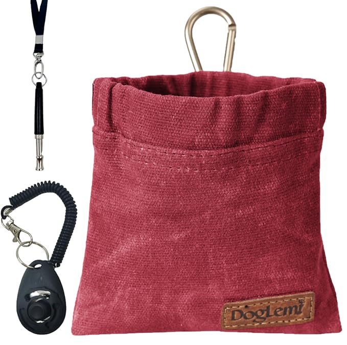 Duuclume Dog Training Kit,Puppy Dog Treat Pouch Bag with Dog Clicker and Silent Whistle with Lanyard,Hands-Free Training Dog Treat Pouch,Includes Carabiner,for Pet Puppy Travel or Outdoor Use (Red)
