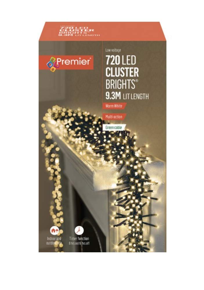 Premier Decorations - 720 Multi Action Cluster LED Lights with Timer - Warm White