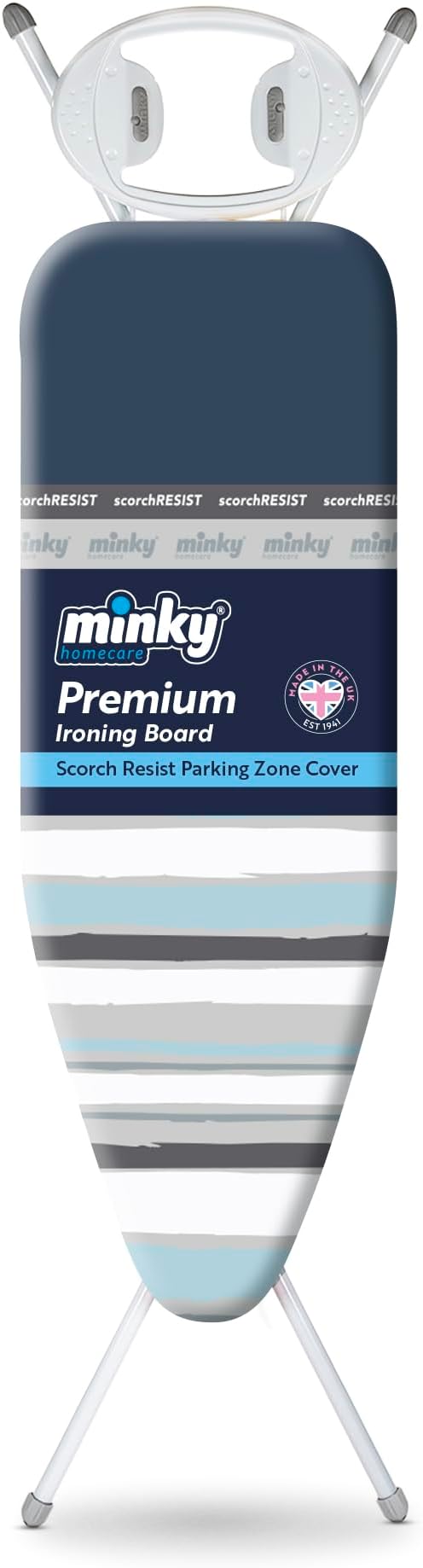 Minky Large Ironing Board 122 x 38 cm, 96 cm Height, Foldable, Angled Iron Rest
