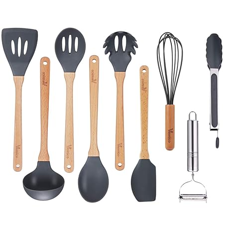 Vemico Küchenhelfer Set 9 Stück Silikon Kochlöffel Set Grau Hitzebeständig Spatel Zangen Schneebesen Schaumlöffel Löffel Nude