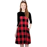 KYMIDY Girls Buffalo Check Plaid Dress Kids 3/4 Sleeve Casual Midi Dresses with Pockets for Girls 6-14 Years