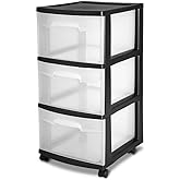 3-Drawer Plastic Cart with Clear Drawers & Removable Wheels - Space-Saving Home/Office/Dorm Organizer for Craft Supplies, Office Essentials & Bedroom Items (Black)