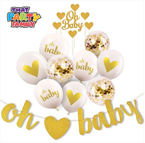 BABY SHOWER DECORATIONS Neutral Kit OH BABY String Banner, 9 Balloons (Confetti, Gold, White) with Ribbon &amp; Cake Topper | Gender Reveal Party Supplies | Unisex Pregnancy announcement decoration