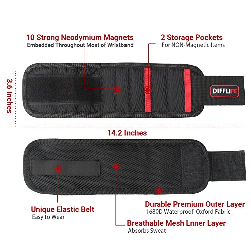 DIFFLIFE Magnetic Wristband, with 10 Strong Magnets for Holding Screws, Nails, Drilling Bits, Adjustable Wristband Tools with 2 Storage Pockets for Non-magnetic Perfect Gift for Men (Set of 1) - Thumbnail 2