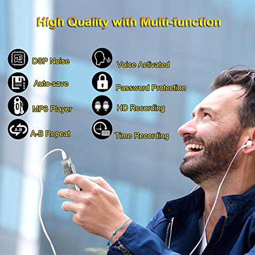 8GB Digital Voice Recorder Voice Activated Recorder - 1536kbps Mini Audio Recorder Recording Device MP3 Player for Lectures/Meetings - Supports TF Card, Password, USB Charge - Silver
