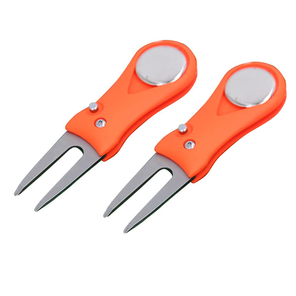 CENPEK 2 Pieces Golf Divot Repair Tools, Stainless Steel Golf Pitch Fork with Magnetic Ball Maker Golf Foldable Divot Tool with Pop-up Button for Golfer