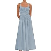 HUROGON Women's Summer Dresses 2026 Spaghetti Strap Maxi Dress Scoop Neck Ruffle Ruched Flowy Beach Vacation Long Sundress