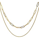 RUOXITIA Women's Layered Gold Chain Necklace, 18K Gold Plated Stainless Steel Stackable Paperclip Tassel Sequin Flat Snake Chain Necklace Set, Fashion Jewelry Gift