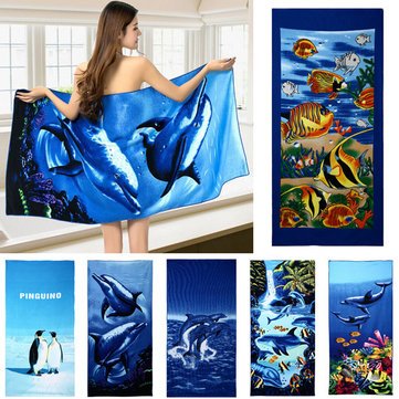 70x150cm Blue Dolphin Penguin Print Absorbent Microfiber Beach
