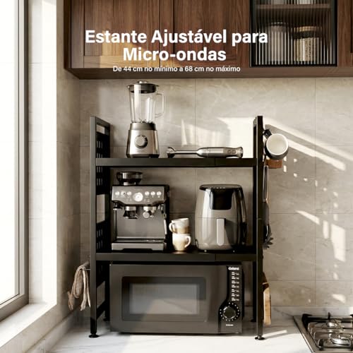 Heemli Suporte Organizador para Microondas e Especiarias, Escalável Prateleira de Cozinha em Aço Carbono Preto, Multifuncional 3 Níveis com Gancho para Utensílios Armazenar(44-68cm)