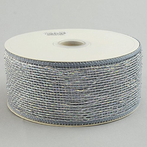 2.5" Wide Poly Deco Mesh Wired Ribbon Standard Foil Metallic Platinum Solid 25 Yards Perfect For Making Bows, Accentings Wreaths & Wrapping Floral Arrangements / Gifts Waterproof, Durable & Reusable