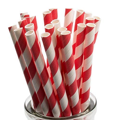 250 Red/White Paper Straws - 6mm x 200mm (8") - Biodegradable Compostable Eco-Friendly