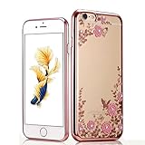 iPhone 7 Plus 5.5 Crystal Flower TPU Cover-Auroralove Shiny Fashion Transparent Soft Floral Butterfly Graden Case with Original Swarovski Element for iPhone 7 Plus (iphone 7 plus, Rose Gold+Pink)