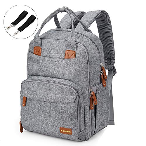 Conleke Diaper Bag backpack Multi-Function Waterproof Travel Backpack Nappy Bags for Baby Care, Stylish and Durable,Many Pocket (Designed for Large Bottles-Grey)