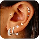 7 Pairs 14K Gold Plated Huggie Hoop Stud Earrings for Women, Twisted CZ Chunky Hoop Earring Mini Heart Moon Cartilage Studs for Multiple Piercing Stainless Steel Stacks Trendy Jewelry Set